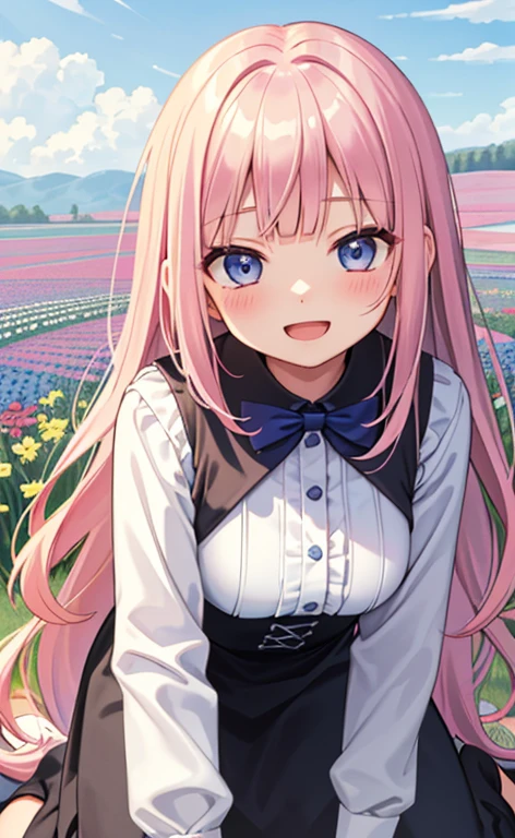 (masterpiece:1.4、top-quality、illustration:,realistic、)、(character focus、,upper body:1.3)、(1girl),(Open mouth happy smile:1.3),(),cute face,blue eyes、(tareme:1.3)、
,(leaning forward、kneeling:1.4),(pink blonde hair),(very long hair:1.3)、
,(Flower Field:1.3),(loose dress:1.3),
(blunt bangs),(volumey,sidelocks,wavy hair:1.3), (small breasts:1.3)、
、slender、