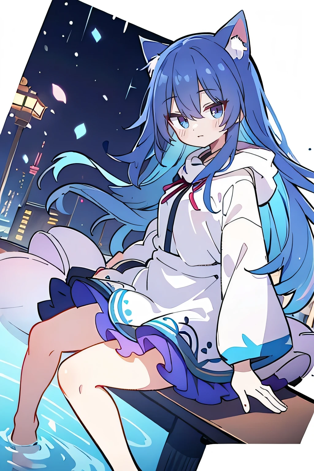 (masterpiece:1.2),Super detailed,lifelike,Expressive eyes,fair skin,perfect face shape,1 girl,
Japanese comics,Gorgeous blue hair,flowing blue hair,flowing clothes,Cat ears,Petals fall,beautiful lola,Baby Angel,
Shaking head with one hand,Cross your legs,Gentle and peaceful background,The pavilion is cool and comfortable,smile, wearing hoodie, background of tokyo,back views,snowing, winter.