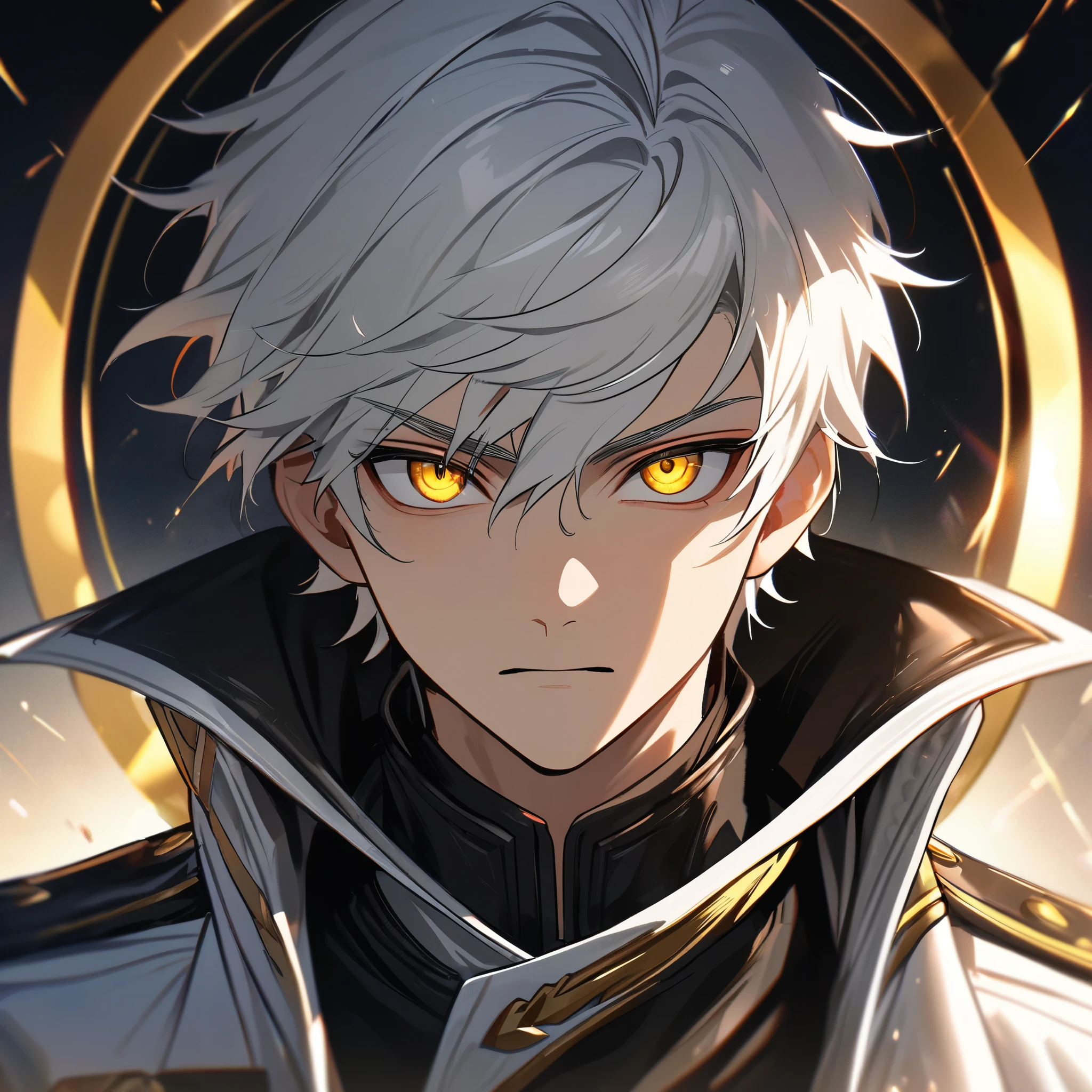 High quality, HD, 4k, handsome male, 1male, , teenager, go lining, short white hair, sharp eyes, gold eyes, devil may cry, close up, calm expression, stoic expression, black leather clothes, white leather clothing, upper body, looking at viewer, cowboy shot, white solar, shining background