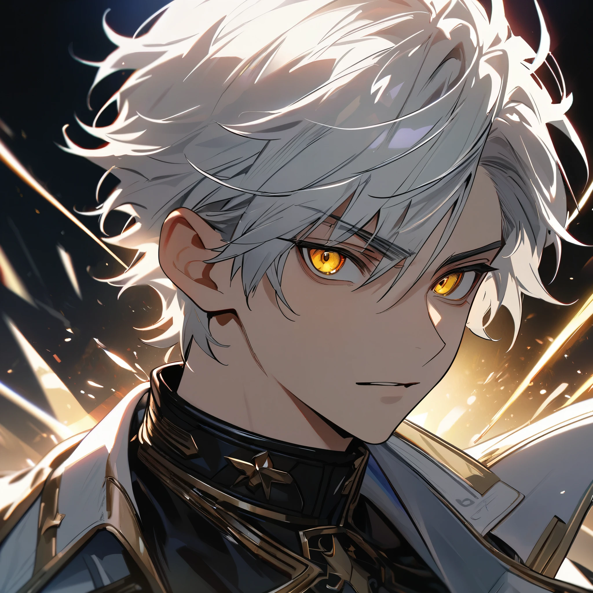 High quality, HD, 4k, handsome male, 1male, 17 years old, teenager, golden lining, short white hair, sharp eyes, gold eyes, devil may cry, close up, calm expression, stoic expression, black leather clothes, white leather clothing, upper body, looking at viewer, cowboy shot, white solar, shining background