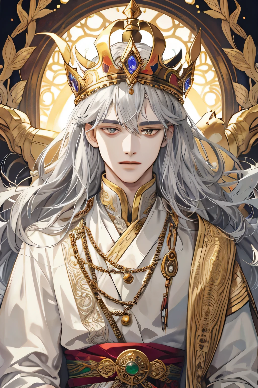 (extreamly delicate and beautiful:1.2), 8K,(masterpiece:1.0),(best_quality:1.0), 1 boy, adult, king of emporer, and intricate detailing, Enlarged textures, and intricate detailing, finely eye and detailed face, and intricate detailing, shiraga, long curl hair silver, (closed mouths), Perfect eyes, Equal eyes, golden eyes (A male god) with crown leaf yunani romawi