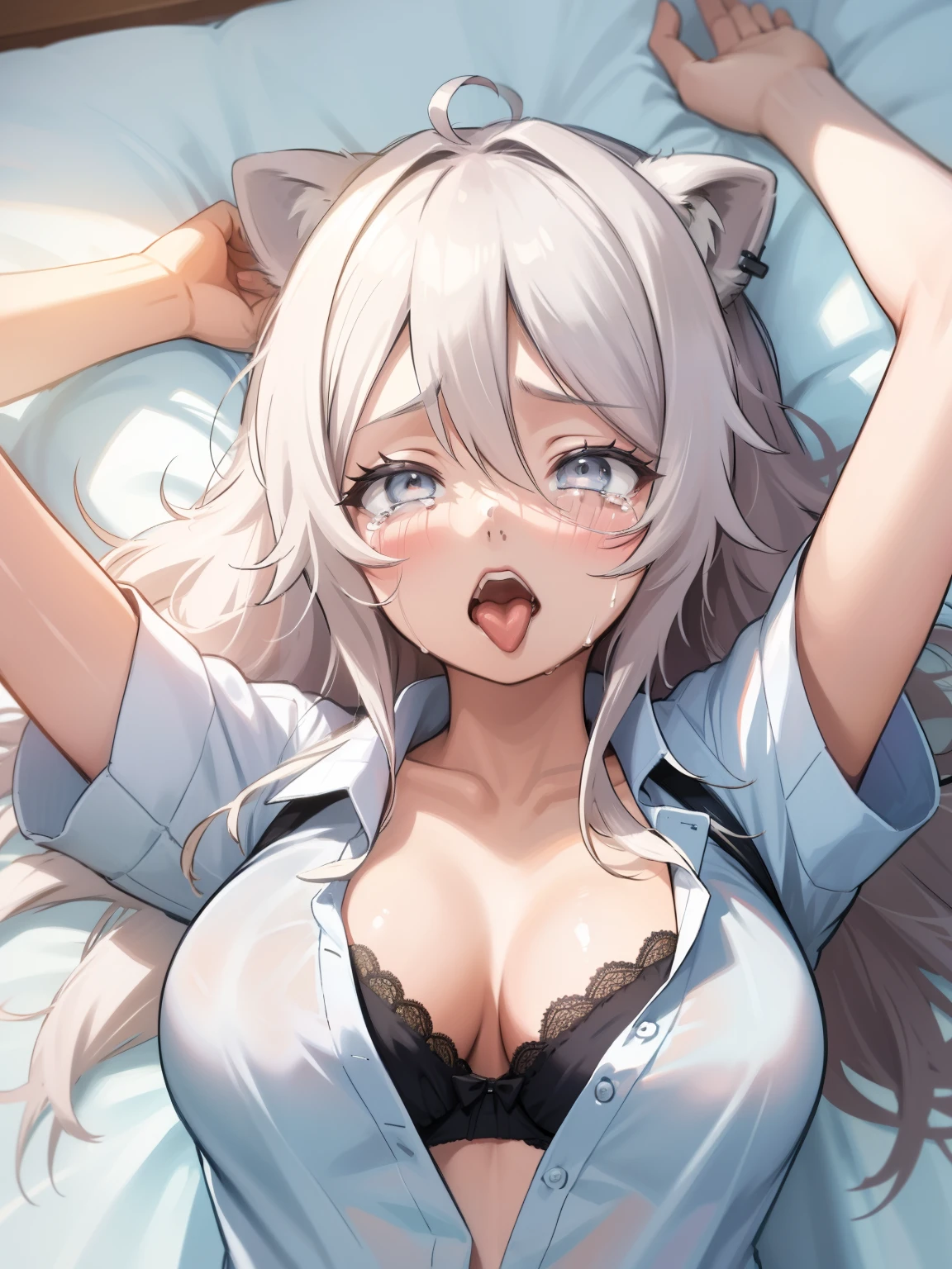 masterpiece, best quality, high quality, solo, 1girl, looking at viewer, from above, overhead shot, messy hair, (blush:1.2), ahegao , open mouth, tongue out, looking at viewer, lying on bed, Tears, (spread arms:1.2), open eyes, (Open white shirt, disheveled black bra), open eyes, upper body, Botan, long hair, white hair,