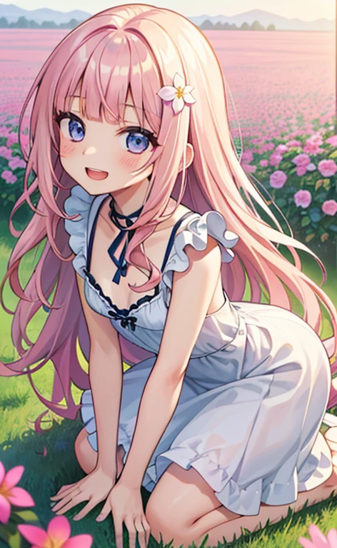 (masterpiece:1.4、top-quality、illustration:,realistic、)、(character focus、,upper body:1.3)、(1girl),(Open mouth happy smile:1.3),(),cute face,blue eyes、(tareme:1.3)、
,(leaning forward、kneeling:1.4),(pink blonde hair),(very long hair:1.3)、
,(Flower Field:1.3),(loose dress:1.3),
(blunt bangs),(volumey,sidelocks,wavy hair:1.3), (small breasts:1.3)、
、slender、