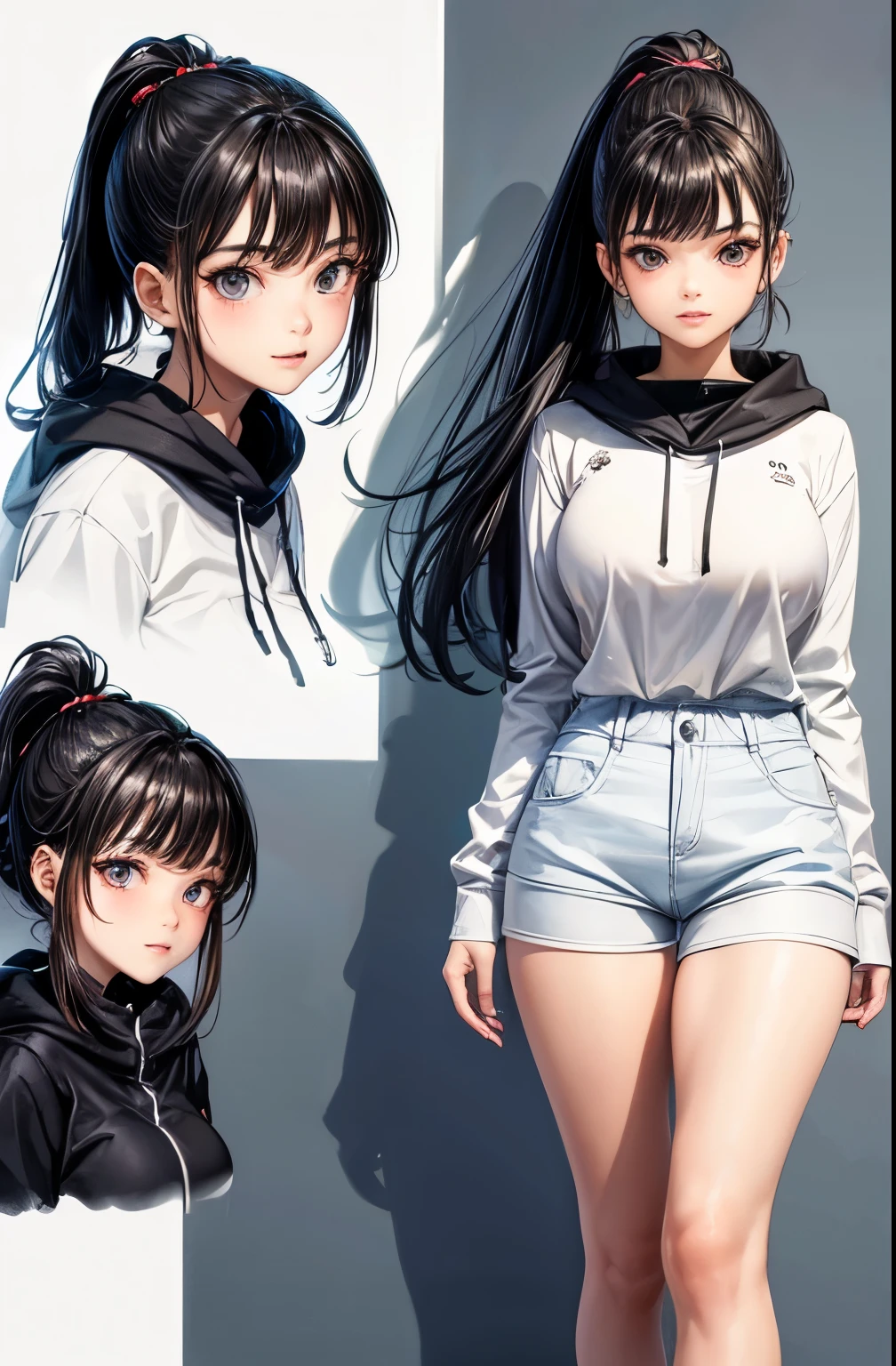 ((best quality)), ((masterpiece)), (detailed), perfect face,(18 years old),(beautiful girl), ponytail,(blackes Braun hair), cute smile (looking at vivers) on a streat road,( full body view),(detailed lips), perfect head ,(detailed face), wers a white hoodi black Stiles short pant that reaches nee, heads in hoodi pocket,(huge breasts),(perfect  girl), Korean girl 