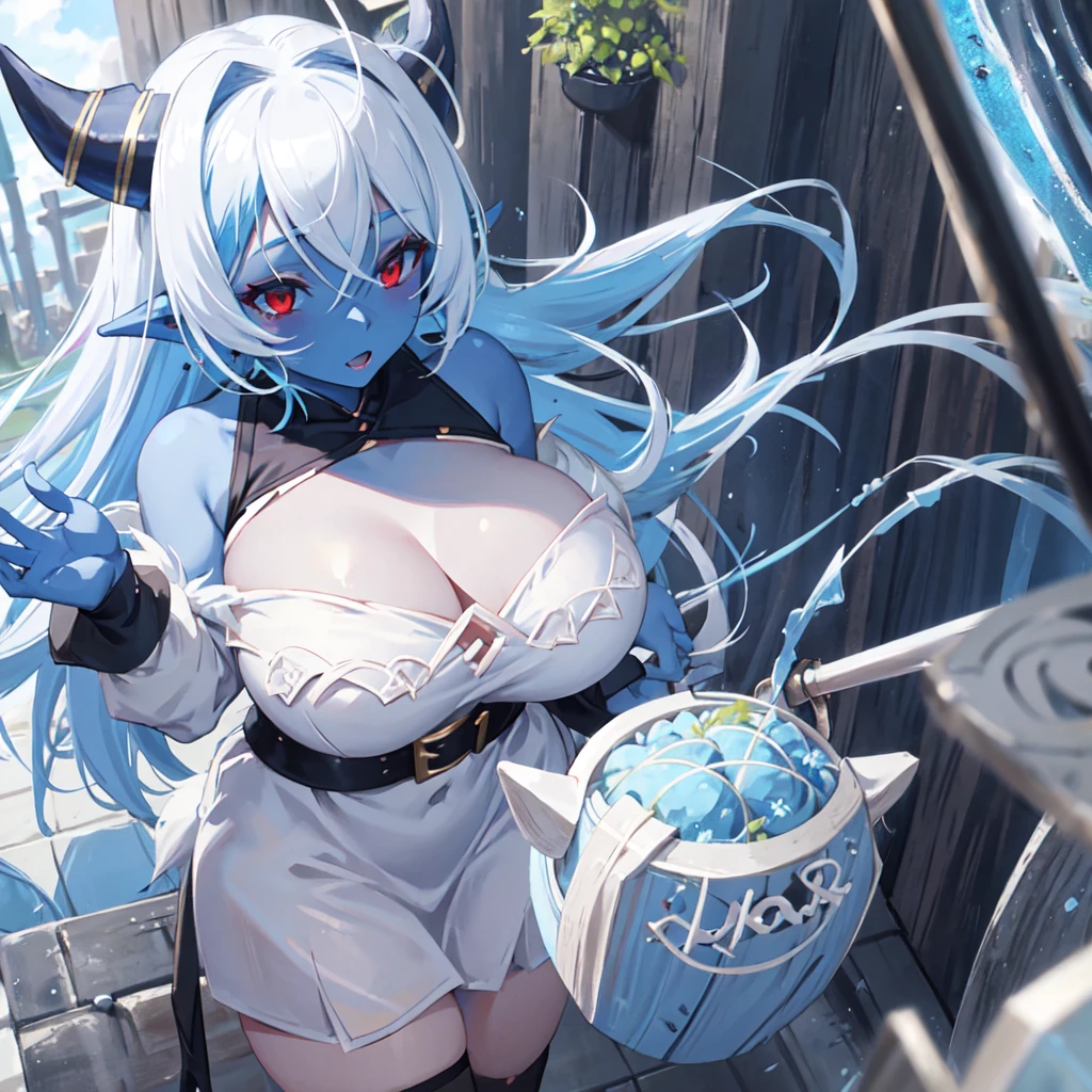 1girl, masterpiece, best quality, ((blue skin)), solo, white hair, tail, horns, pointy ear, red eyes, long hair, fur trim, white fur trim, black coat, white shirt, black skirt, adventurer outfit, explorer oufit, bandolier, large breasts