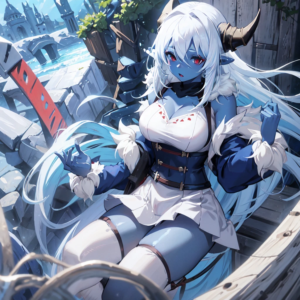 1girl, masterpiece, best quality, ((blue skin)), solo, white hair, tail, horns, pointy ear, red eyes, long hair, fur trim, white fur trim, black coat, white shirt, black skirt, adventurer outfit, explorer oufit, bandolier, large breasts