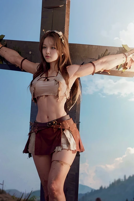 highest quality,masterpiece,Ultra-high resolution, Very detailed, 8k,(Beautiful woman),一人のBeautiful woman,((Crucifixion:1.5)),((cross)),(execution),((incontinence)),Scared,torture,slave,((crossにCrucifixionにされた女性:1.5)),Crucifixion刑,(Big Breasts),A tattered and torn short skirt,((Torn costume:1.4)),(Tattered clothes),((Large Breasts),(Shabby clothes),Defeated heroine,A ruined world,Remains,ruins