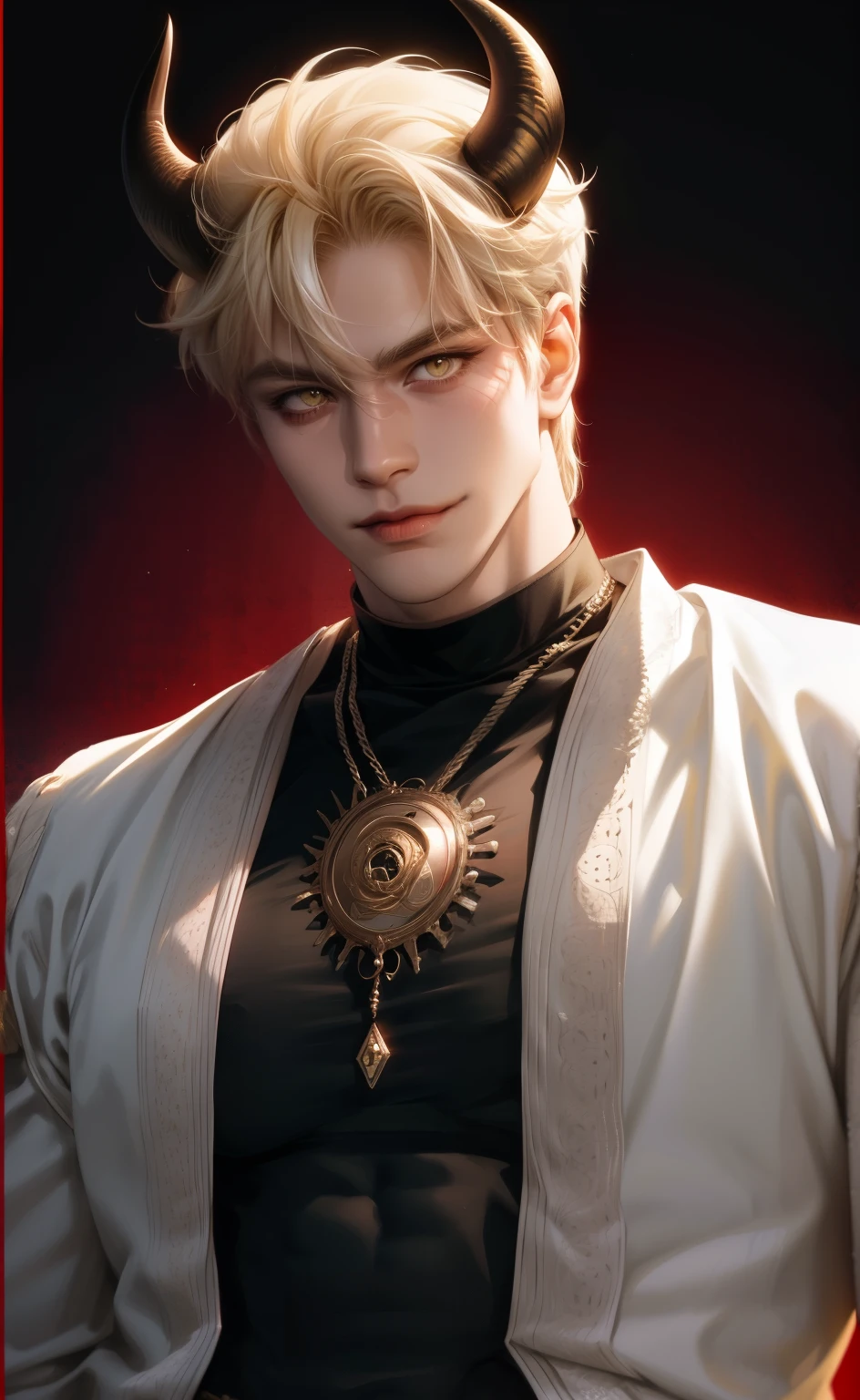 (masterpiece,best quality,ultra_detailed,highres,absurdres),1 mature male, 30-ish, (wide shoulder), (muscular), big body, male focus, solo, wblonde hair, yellow eyes, upper body, short hair, looking at viewer, smile face, parted lips, round eyewear, long sleeves, red streets background, man with horns on his head, fit male demon with white horns, oni horns, demon, albino demon, smirked, black shirt open