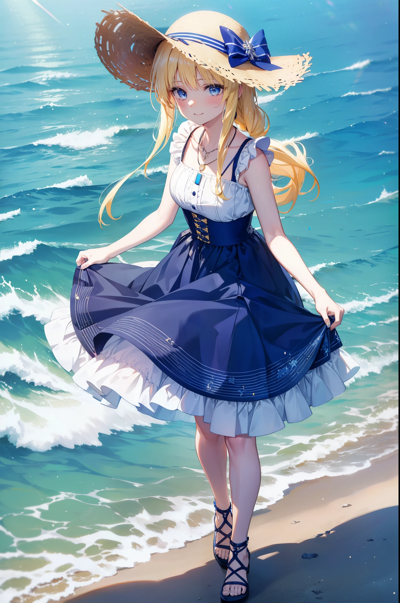 Arisburg, Alice Zuberg, bangs, blue eyes, Blonde, Hair between the eyes, Very long hair, hair band, white hair band,Sleeveless blue dress,Blue long skirt,Bare neck,Locket Necklace,Cute Sandals,Straw hat,happy smile, smile, Open your mouth,Daytime,sunny,True Summer,whole bodyがイラストに入るように,Strolling on the sandy beach,
break outdoors ,Coastal Road,In town,crowd, people々々々,
break looking at viewer,whole body,
break (masterpiece:1.2), highest quality, High resolution, unity 8k wallpaper, (shape:0.8), (Beautiful and detailed:1.6), Highly detailed face, Perfect lighting, Extremely detailed CG, (Perfect hands, Perfect Anatomy),