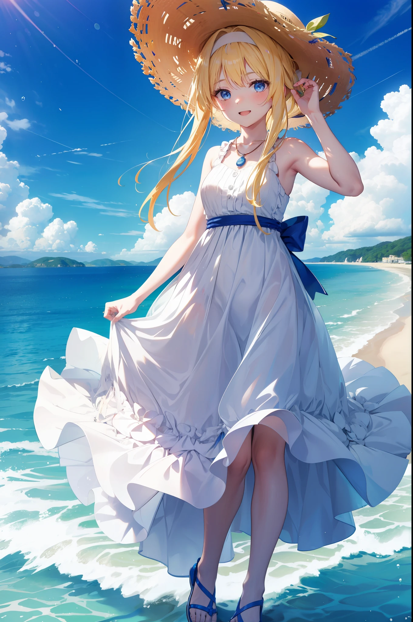 Arisburg, Alice Zuberg, bangs, blue eyes, Blonde, Hair between the eyes, Very long hair, hair band, white hair band,Sleeveless blue dress,Blue long skirt,Bare neck,Locket Necklace,Cute Sandals,Straw hat,happy smile, smile, Open your mouth,Daytime,sunny,True Summer,whole bodyがイラストに入るように,Strolling on the sandy beach,
break outdoors ,Coastal Road,In town,crowd, people々々々,
break looking at viewer,whole body,
break (masterpiece:1.2), highest quality, High resolution, unity 8k wallpaper, (shape:0.8), (Beautiful and detailed:1.6), Highly detailed face, Perfect lighting, Extremely detailed CG, (Perfect hands, Perfect Anatomy),