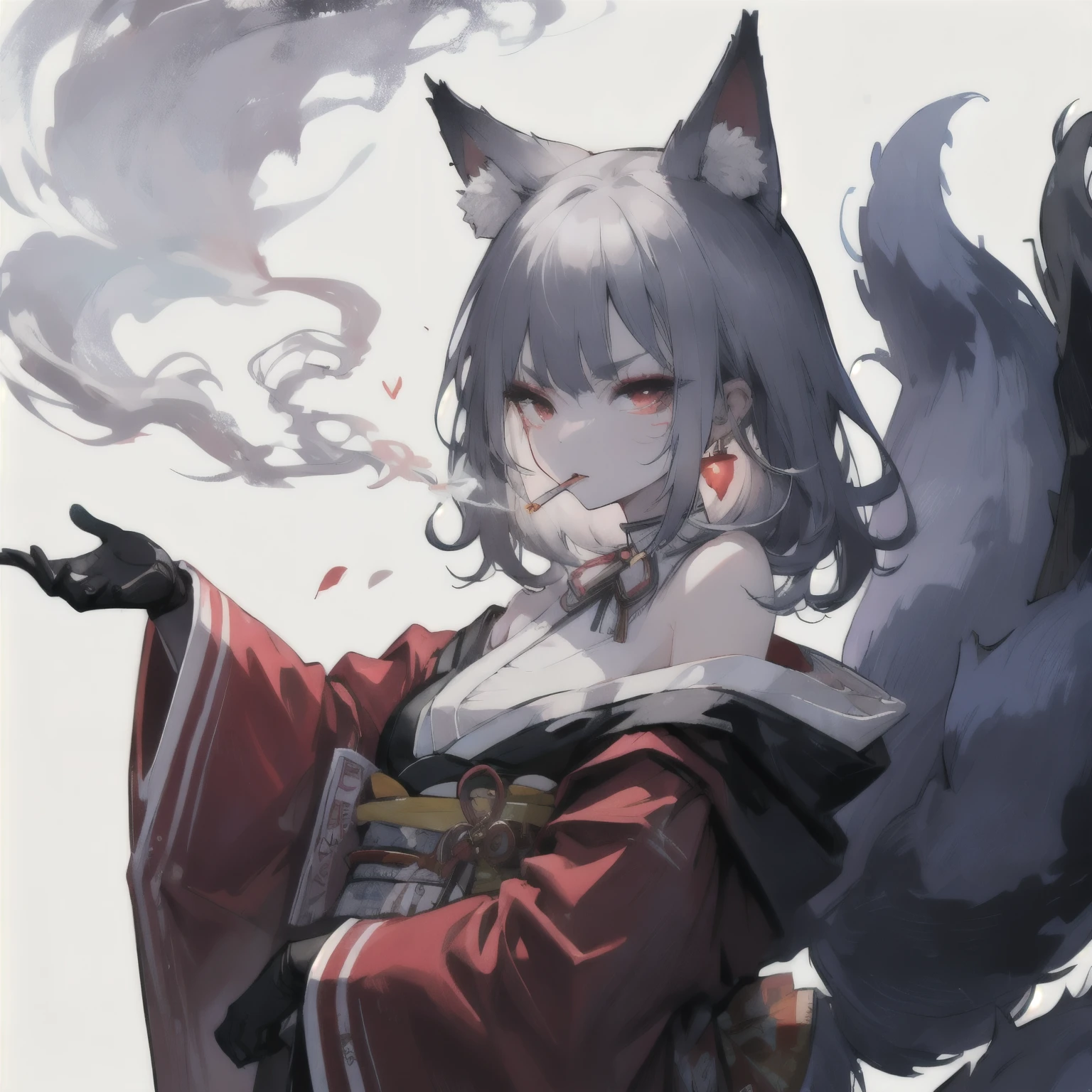 kosaka1st, medium hair, facial mark, red eyeshadow, forehead mark, makeup, fox ears, animal ear fluff, fox tail, multiple tails, single earring, black gloves, halterneck, black kimono, off shoulder, red kimono, obi, checkered sash, neck ribbon, neck bell, black headwear, smoking girl, white background