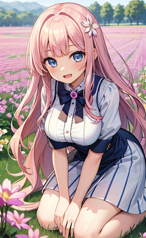 (masterpiece:1.4、top-quality、illustration:,realistic、)、(character focus、,upper body:1.3)、(1girl),(Open mouth happy smile:1.3),(),cute face,blue eyes、(tareme:1.3)、
,(leaning forward、kneeling:1.4),(pink blonde　hair),(very long hair:1.3)、
,(Flower Field:1.3),（loose dress:1.3),
(blunt bangs),(volumey,sidelocks,wavy hair:1.3), (large breasts:1.3)、
、slender、