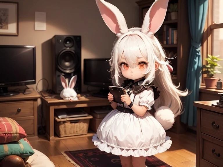 solo,1girl\((chibi:1.8),cute,kawaii,,(white hair:1.7),(very long hair:1.7),bangs,(ear\(fluffy white rabbit-ear\):1.3),(only 1rabbit-tail growing from hip:1.6),(red eye),big eye,beautiful shiny eye,skin color white,big hairbow,(white frilled dress:1.3),breast,playing old video game,(holding game controller),concentrate to video game,watching tv,toward tv\), BREAK ,background\(inside, tiny classic old room,video game on TV,video game console,game controller,nintendo\), quality\(8k,wallpaper of extremely detailed CG unit, ​masterpiece,hight resolution,top-quality,top-quality real texture skin,hyper realisitic,increase the resolution,RAW photos,best qualtiy,highly detailed,the wallpaper,golden ratio\), BREAK , (from back:0.8),better hands,[rabbit:0.1],(better legs),better hands