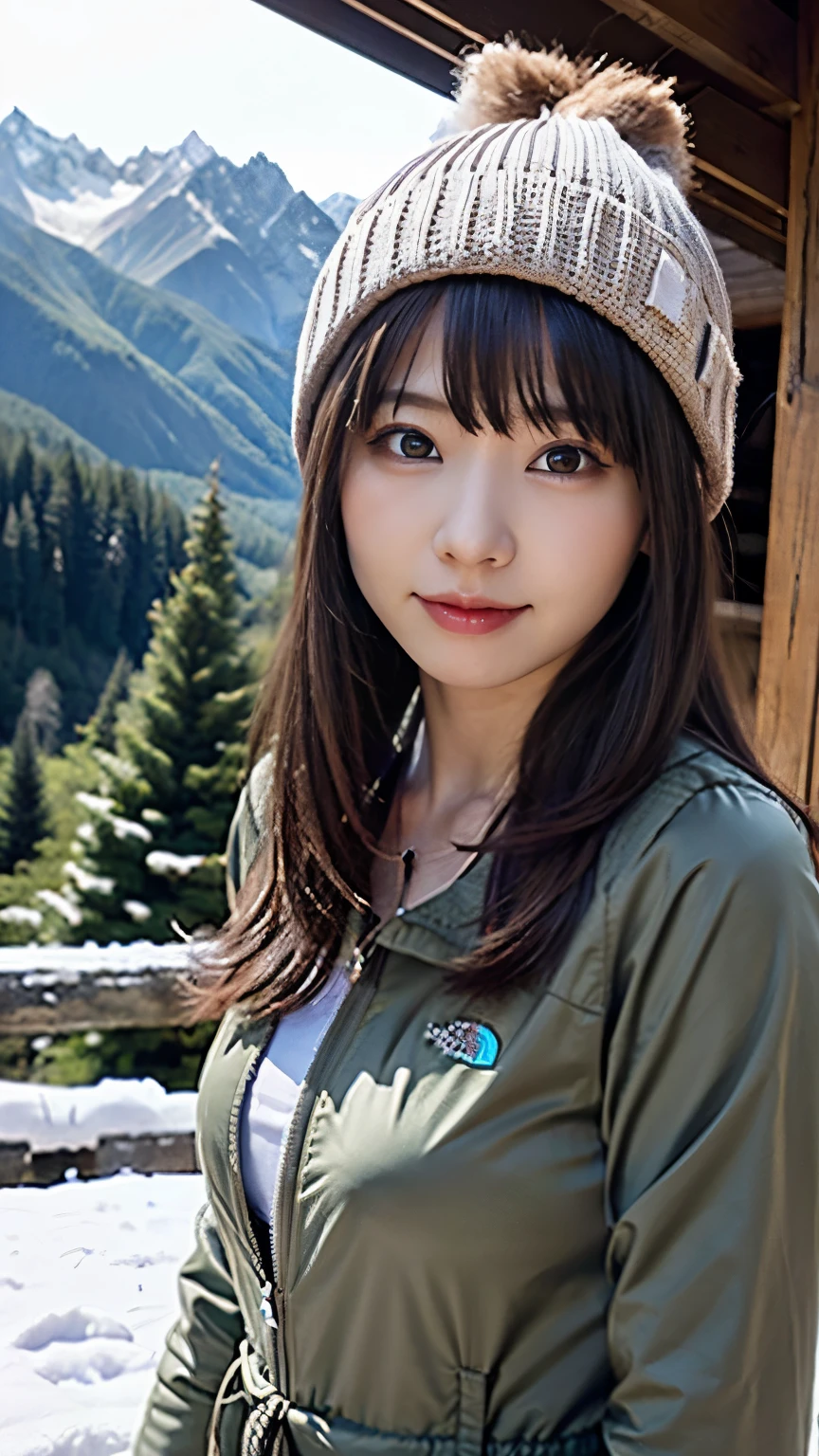 (background, Magnificent Snow Mountain views):1.3, (Snow Mountain:1.37), (8k, RAW Photos, 最high quality, masterpiece:1.2), (Realistic, photo-Realistic:1.37), Very detailed, high quality, Professional Lighting, Physically based rendering of a 14 year old female, (One girl:1.3), (Japanese Girls), (Medium chest:1.25), (Semi-long hair, Dark brown hair), (Skin with attention to detail:1.2), (Very delicate face, Super beautiful poop, Very delicate eyes, Very detailed鼻, Very sophisticated mouth), (Mountain jacket(The North Face), Trekking pants, Knitted hat), (Carry a backpack), (Walking the mountain path), from the front, whole body