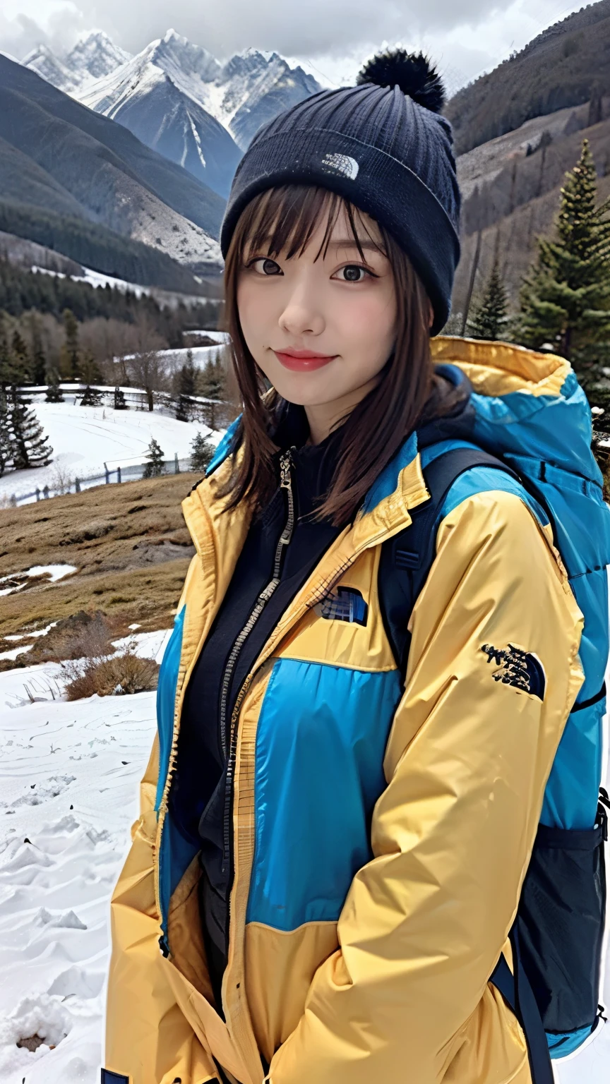 (background, Magnificent Snow Mountain views):1.3, (Snow Mountain:1.37), (8k, RAW Photos, 最high quality, masterpiece:1.2), (Realistic, photo-Realistic:1.37), Very detailed, high quality, Professional Lighting, Physically based rendering of a 14 year old female, (One girl:1.3), (Japanese Girls), (Medium chest:1.25), (Semi-long hair, Dark brown hair), (Skin with attention to detail:1.2), (Very delicate face, Super beautiful poop, Very delicate eyes, Very detailed鼻, Very sophisticated mouth), (Mountain jacket(The North Face), Trekking pants, Knitted hat), (Carry a backpack), (Walking the mountain path), from the front, whole body