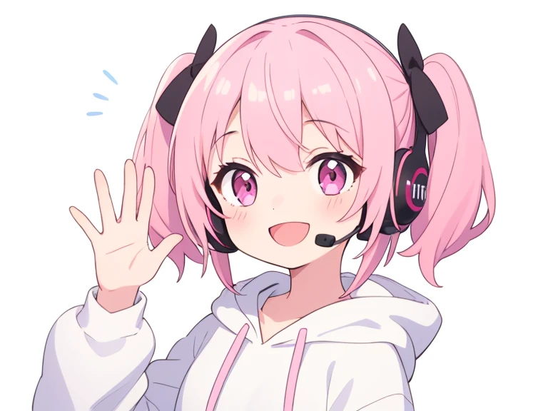 One Girl、White hoodie、Dark pink hair、Twin tails、short hair、Pink Eyes、headset、A happy smile、Waving、Upper Body、Simple Background、White Background