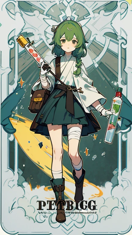 Victorian style, British background, whole body圖, figure, Standing image,whole body,figure设定图,Three views of charactermorpg,Green Hair,Short braid,1 girl,Loli body type,白magic师,Herbalist,therapist,adventure set,Short skirt,Ankle boots,Gloves,shawl,magic,test tube,Waist medicine box,Travel Backpack,bandage,Herbs,magic杖,Therapeutic staff,Medicine Bottle,name card。