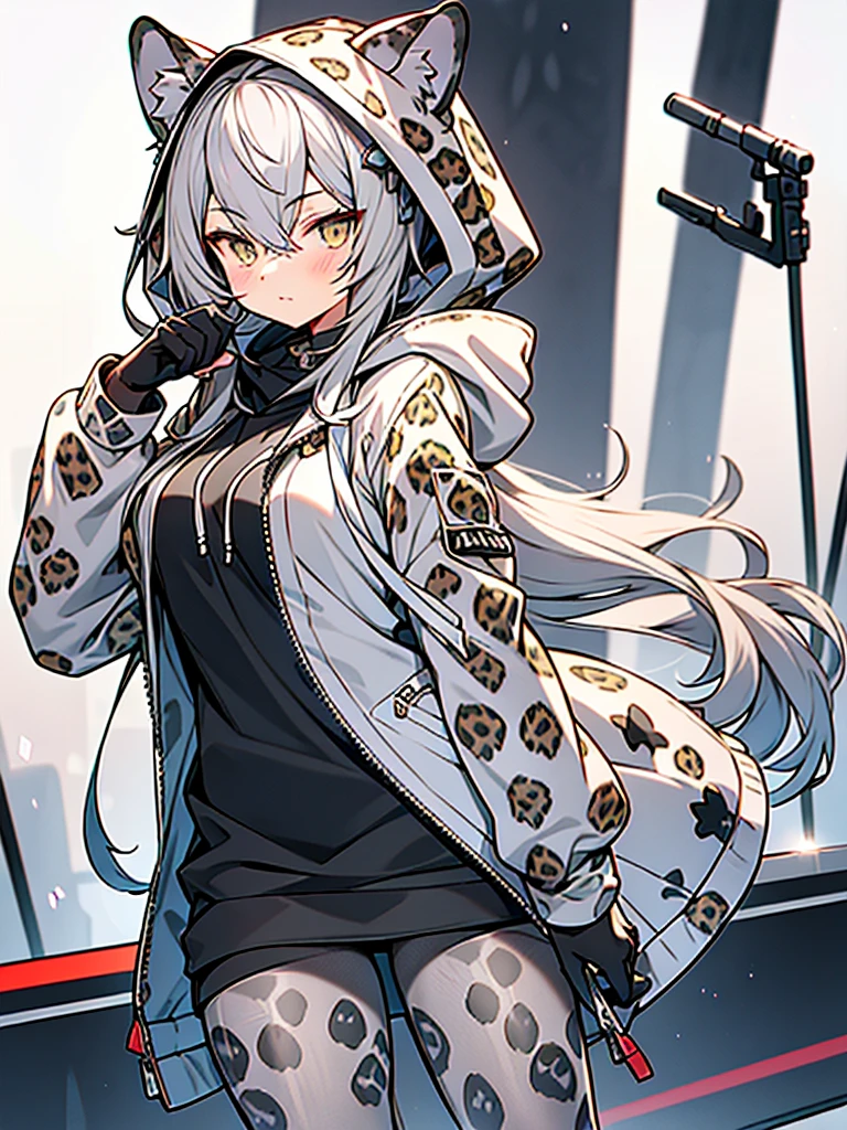 anime style,cute girl wearing hood,((gray_leopard_ears_hood)),
((gray_Leopard_print_pantyhose)),gray_leopard_paw_gloves,gray long hair,