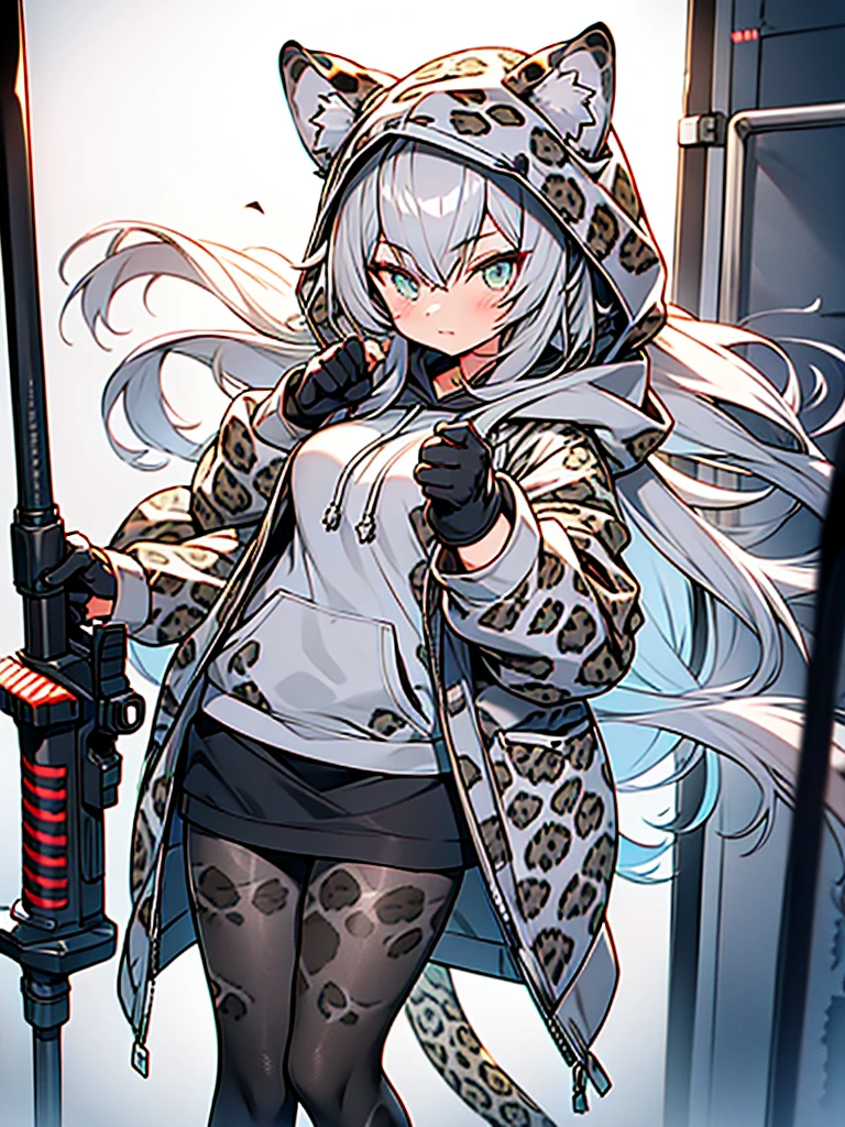 anime style,cute girl wearing hood,((gray_leopard_ears_hood)),
((gray_Leopard_print_pantyhose)),gray_leopard_paw_gloves,gray long hair,