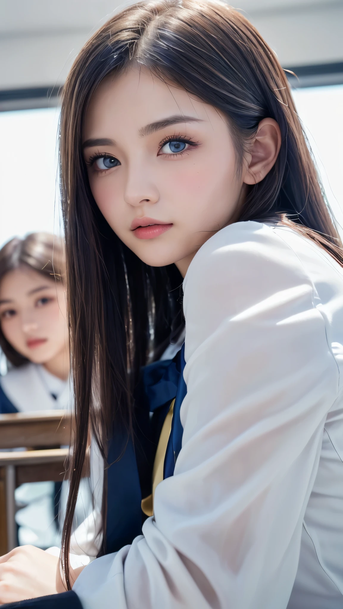 White background、((((Platinum Hair、white-gold hair color、forehead、Long Hair、腰までのLong Hair、Glowing Skin、Fair skin、Plump Lips、Straight Hair、blue eyes、白Gal、Gal、uniform、student、student服、race、Northern Europe、White background、シンプルなWhite background、Peek into、Bend)))))))、、masutepiece, Best Quality, Photorealsitic, finely detail, hight resolution, 8K Wallpapers, Perfect dynamic composition, Beautiful detailed eyes, 18 year old、(Drooping eyes 1.4)、Adult beauty、japanes