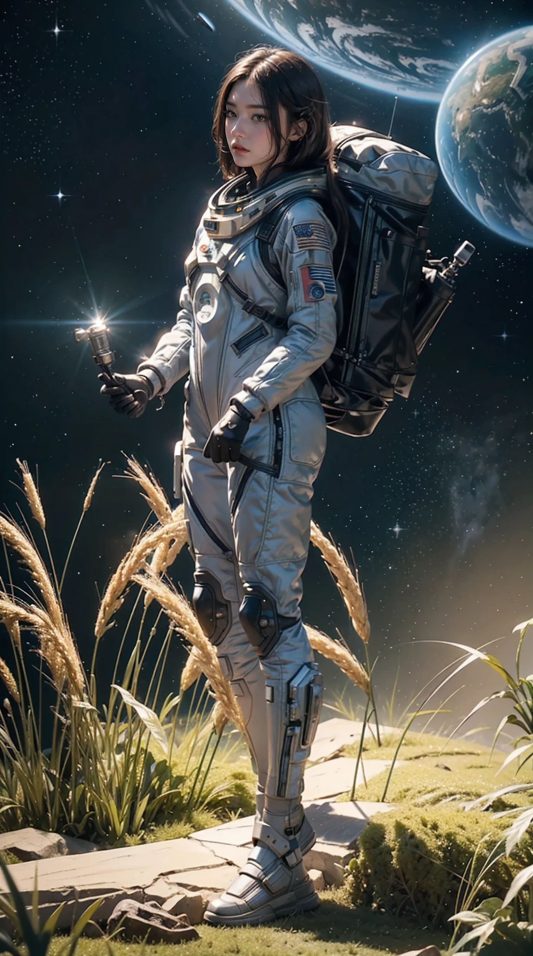 (masterpiece, top quality, best quality, Extremely detailed details, official art, Movie Light Effects, Beauty and aesthetics: 1.2), (Looking at the audience:1.3), ((Full body,Center on screen)), Arav woman in a space suit stands in a green wheat field,A fertile planet,Full of green plants,The background is the vast universe, Woman wearing space suit, no helmet, interstellar space suit, Female astronauts do not wear helmets, Portrait of an AI astronaut, On an alien lawn, Young beautiful woman plays astronaut, Interstellar surrealism,Korean girl group face, Beautiful idol face, Wearing a flight suit, Matte painting portrait photography,HDR, Starry Sky, planet, meteor, Light streaks, Gorgeous color performance, 8k.