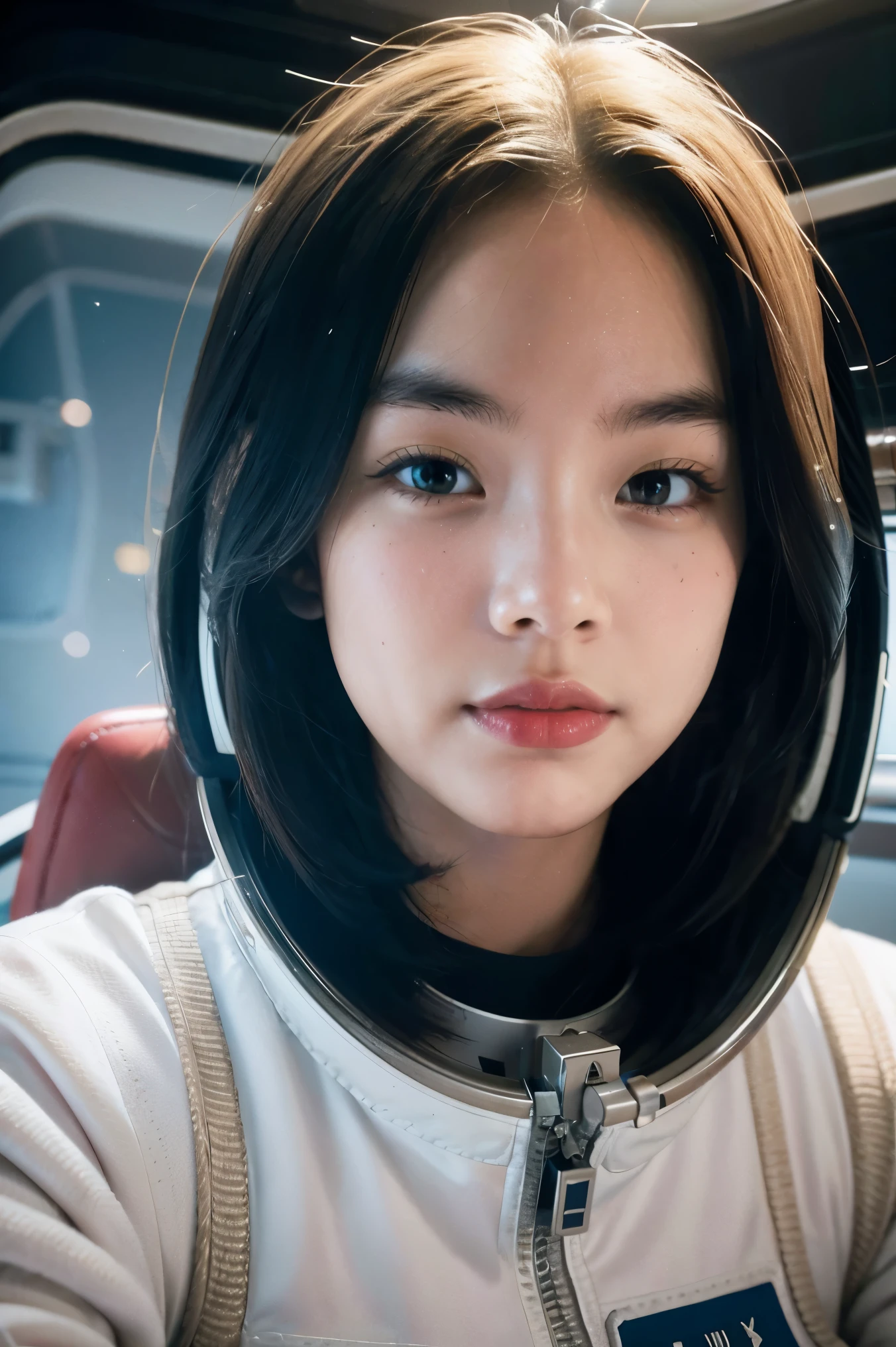 female astronaut j0rd7nj0n3s  in space, beautiful face, realistic photo, (portrait), [smoke], [haze], natural lighting, shallow depth of field, photographed on a Canon EOS-1D X Mark III, 50mm lens, F/2.8, (intricately detailed, hyperdetailed), ((RAW color)), sharp focus, HDR, 4k resolution, Cinematic film