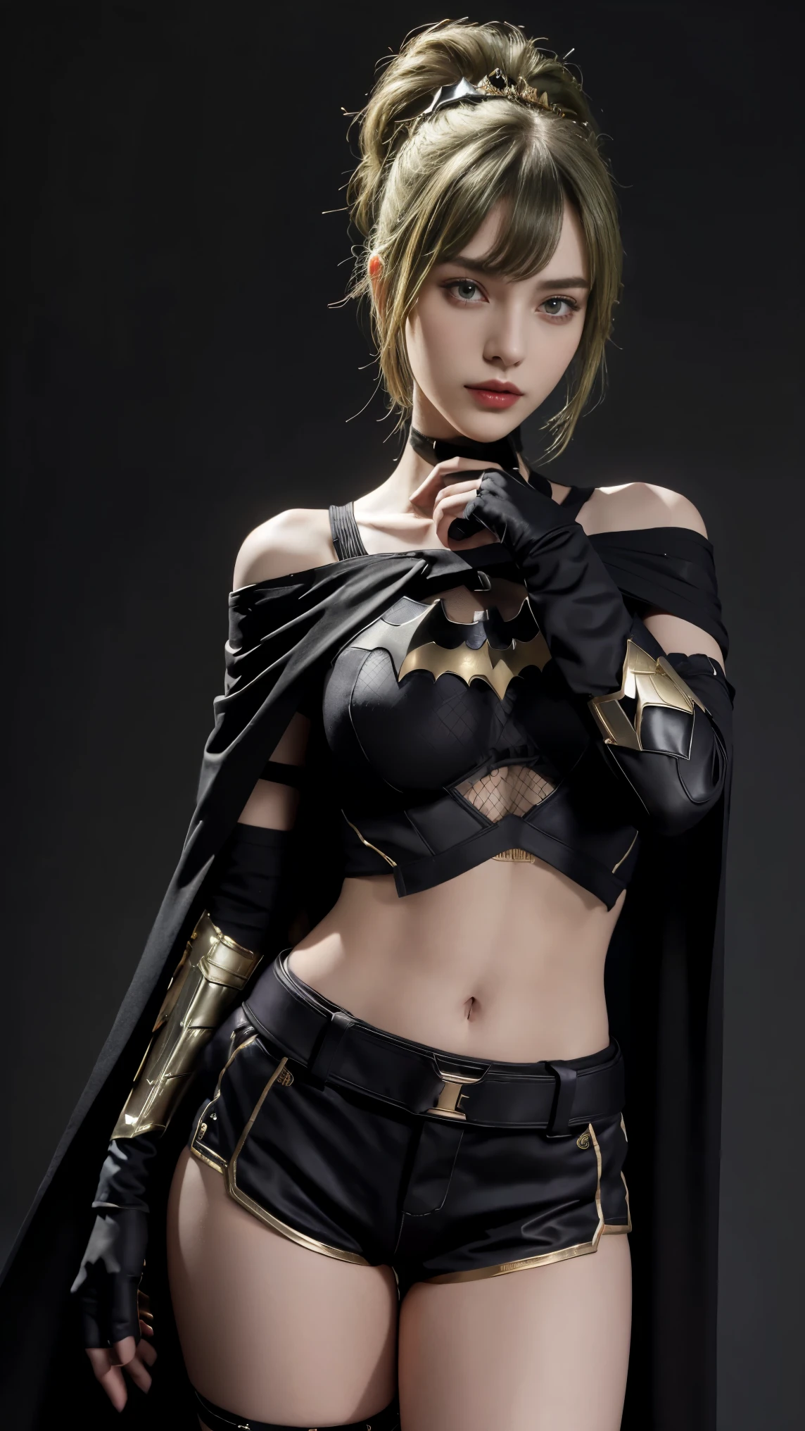 8K, Top Quality, Intricate Details, Ultra Detail, Ultra High Resolution, Masterpiece, close up shot, Slender,, ((Full body )), (Makeup: 0.4), (), , looking at viewer, ((full body)), 1girl, solo, 1 girl, ((armor, bare shoulders, black gloves, cropped jacket, fishnet top, fishnets, gloves, gold trim, hair ornament, jacket, leg armor, midriff, off shoulder, partially fingerless gloves, purple jacket, shirt, short shorts, shorts, shoulder armor, sleeveless, sleeveless shirt, )), , , ((tall)), (((fit body))), (((slim face))), sharp face , smile,   (( green hair, bangs, long hair, high ponytail )) , (detailed face), sharp face, small lips, standing, feminine pose,   , show belly ,,  , ((, batman suit, black cape )), , ((detail belly )), detail fingers, detail hands, detailed face, detailed breast, huge breast, Narrow Waist, Skinny, 175 cm tall , Muscular, Navel, Exposed Abdomen,  , large breast, ,  , Beautiful girl with accentuated slender abs: 1.4, Six Pack Abs: 1.4, Bust Botox,, Perfect Body, (( dark background)), black background, 