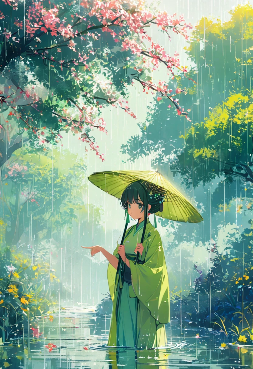 1girl, Cai GuoRUN's illustration style, Qingming rainy season, Under the willow tree, in the rain, pointing into the distance, Direction to Heng Fa Chuen, close up, Spring is full of freshness, Rich details, Spring Scene, Flat design, Soft colors, Vivid tones, Chinese traditional elements, Reality, Minimal composition, High Saturation,High contrast, Rich detail in light and shadow, Sharp contrasts and clean lines