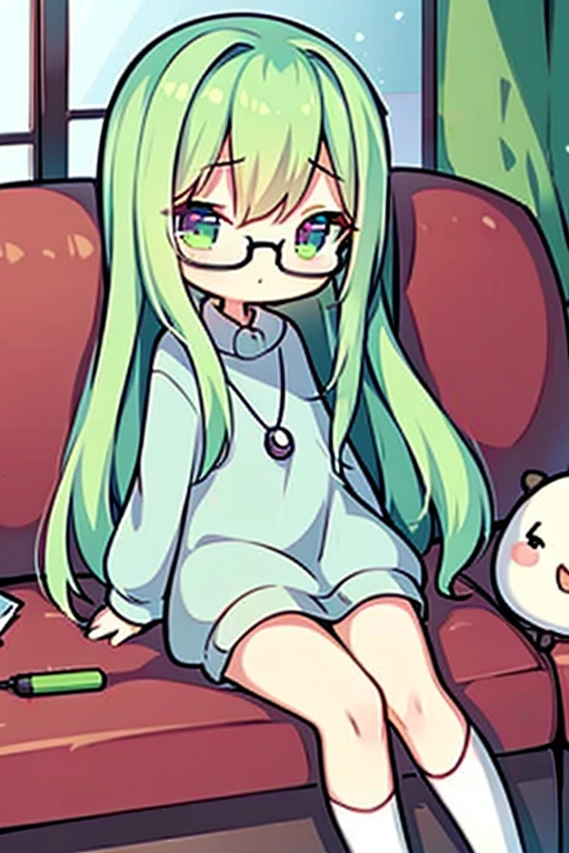 A green haired woman with violet eyes and glasses with an hourglass figure in a cute sweatshirt dress is sleeping on the couch