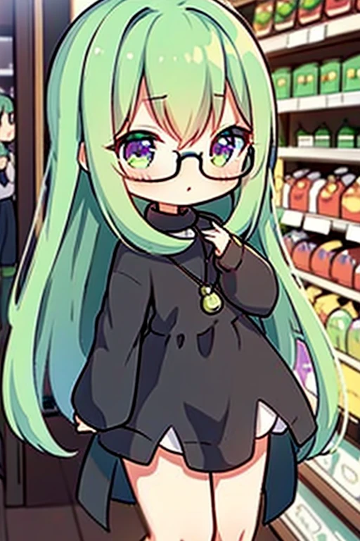 A green haired woman with violet eyes and glasses with an hourglass figure in a cute sweatshirt dress is blushing in a grocery store