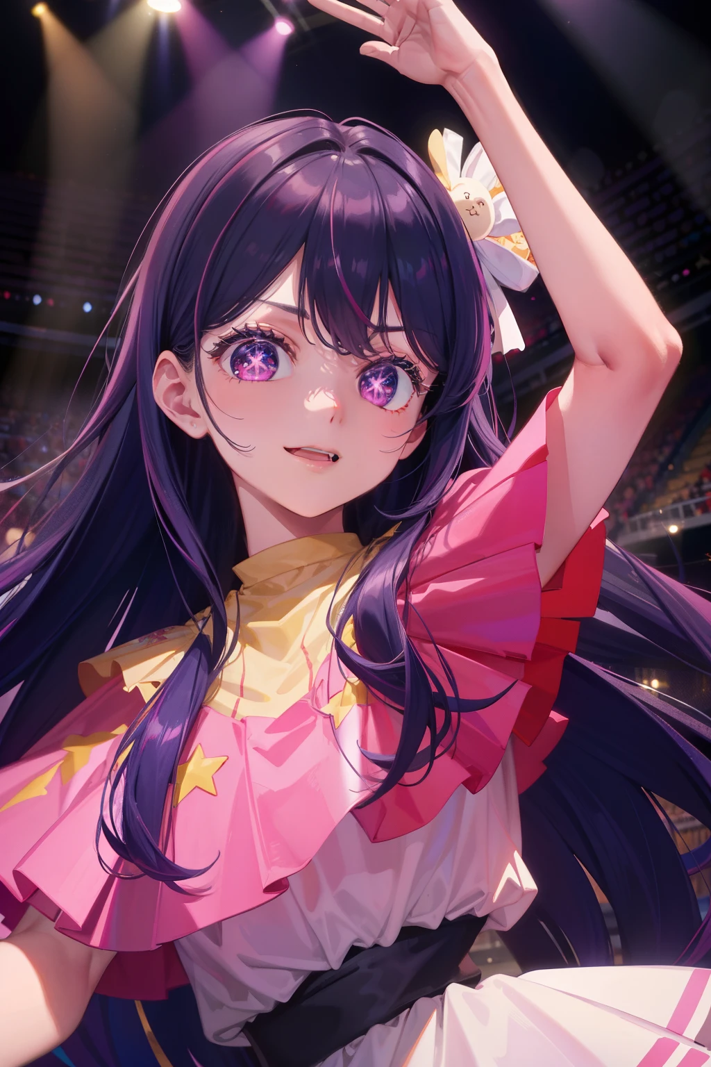 (masterpiece), highest quality, Expressive eyes, Perfect Face, High resolution, (8k), (Perfect Face), (Super detailed), Hoshino Ai, Long Hair, Purple Hair, Striped Hair ,Purple eyes, Star-shaped pupils, hair ornaments, Frills, pink shirt, smile, No sleeve, shirt, Idol, illumination, Colorful, Concert atmosphere, Are standing, Portraiture, Stage Background, Pause, Looking at the audience, whole body