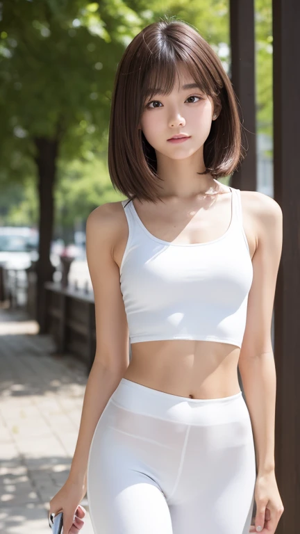 Actual, highest quality, Natural light, Clear focus, girl, ,Perfect body, Slim Abs, Dark brown hair, White crop top, External, street, Super Face Slimming, Squint your eyes, double eyelid, Long legs, White flakes, White hot pants,Small butt, long limbs, protruding round buttocks, Way of walking