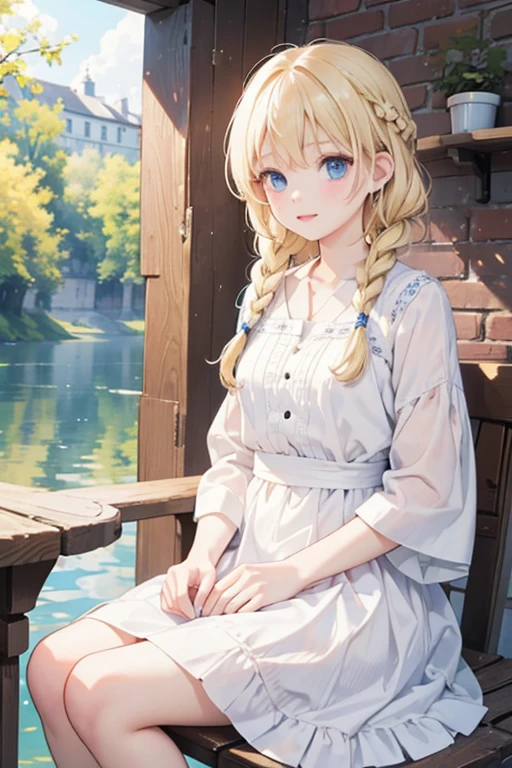 masterpiece, highest quality, High resolution, One -yeld giblue eyes、
Blonde,  Braid、White dress, stream、Sit on the riverside