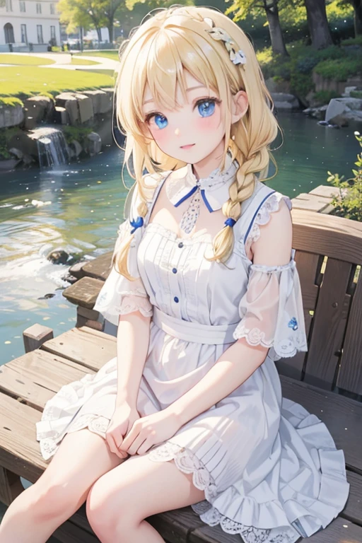 masterpiece, highest quality, High resolution, One 14-year-old girl、blue eyes、
Blonde, Braid、White dress, stream、Sit on the riverside