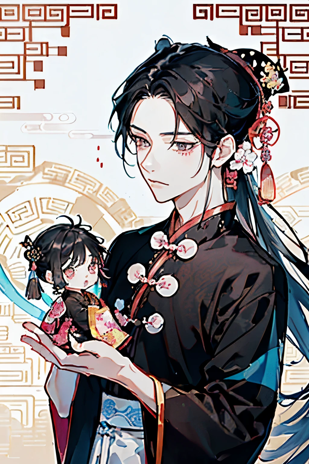 ((Two young men around 18 years old)),(Black Hair:1.3),(Long Hair:1.3),(Ancient Chinese style long-hemmed Hanfu-like clothing:1.5),(Pink and white and yellow and light blue),((Close-up of face:1.1)),((Hair tied up:1.2))