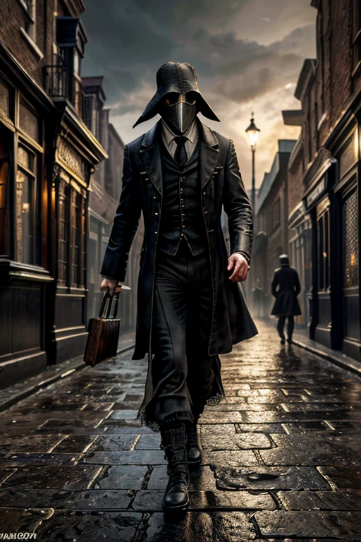 "(best quality,4k,highres,masterpiece:1.2),ultra-detailed,(realistic,photorealistic,photo-realistic:1.37),intricate,victorian style,dark ambiance,HDR,plague doctor,old street of London,hyper detailed"