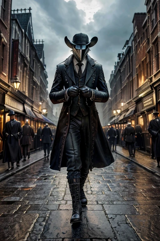 "(best quality,4k,highres,masterpiece:1.2),ultra-detailed,(realistic,photorealistic,photo-realistic:1.37),intricate,victorian style,dark ambiance,HDR,plague doctor,old street of London,hyper detailed"