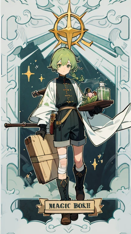 Victorian style, British background, whole body圖, figure, Standing image,whole body,figure设定图,Three views of charactermorpg,Green Hair,Short braid,1 boy,Herbalist,therapist,adventure set,shorts,Ankle boots,Gloves,shawl,magic,test tube,Waist medicine box,Travel Backpack,bandage,Herbs,magic杖,Therapeutic staff,Medicine Bottle,name card。