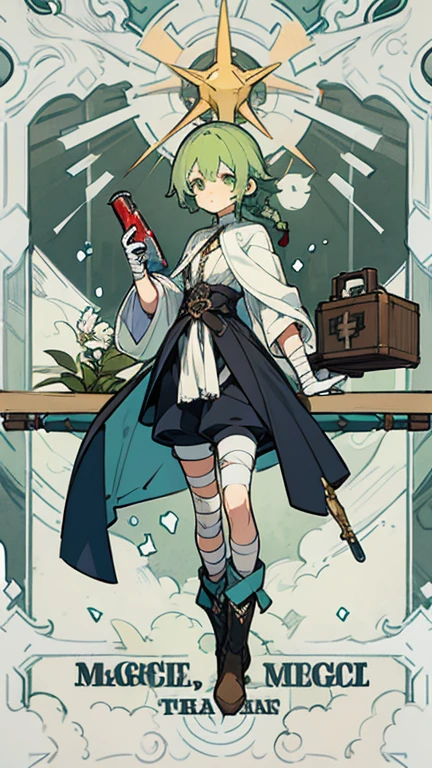 Victorian style, British background, whole body圖, figure, Standing image,whole body，figure设定图，Three views of charactermorpg，Green Hair，Short braid，1 boy，Herbalist，therapist，adventure set，shorts，Ankle boots，Gloves，shawl，magic，test tube，Waist medicine box，Travel Backpack，bandage，Herbs，magic杖，Therapeutic staff，Medicine Bottle，name card。