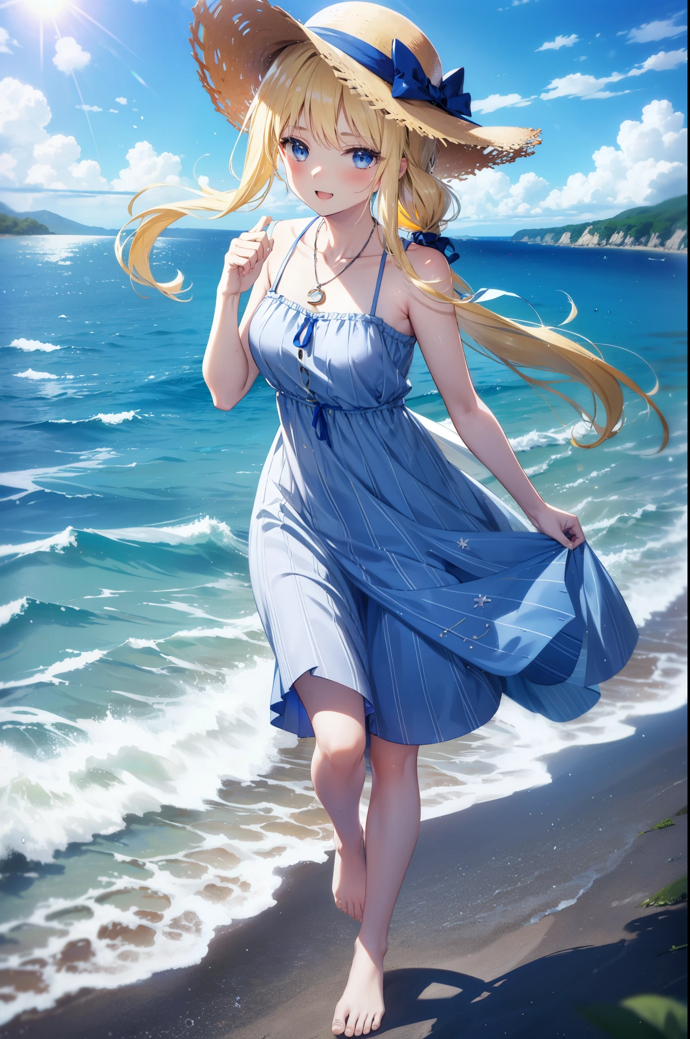 Arisburg, Alice Zuberg, bangs, blue eyes, Blonde, Hair between the eyes, Very long hair, hair band, white hair band,Sleeveless blue dress,Blue long skirt,Bare neck,Locket Necklace,barefoot,Straw hat,happy smile, smile, Open your mouth,Daytime,sunny,True Summer,whole bodyがイラストに入るように,Strolling on the sandy beach,
break outdoors ,Coastal Road,In town,crowd, people々々々,
break looking at viewer,whole body,
break (masterpiece:1.2), highest quality, High resolution, unity 8k wallpaper, (shape:0.8), (Beautiful and detailed:1.6), Highly detailed face, Perfect lighting, Extremely detailed CG, (Perfect hands, Perfect Anatomy),