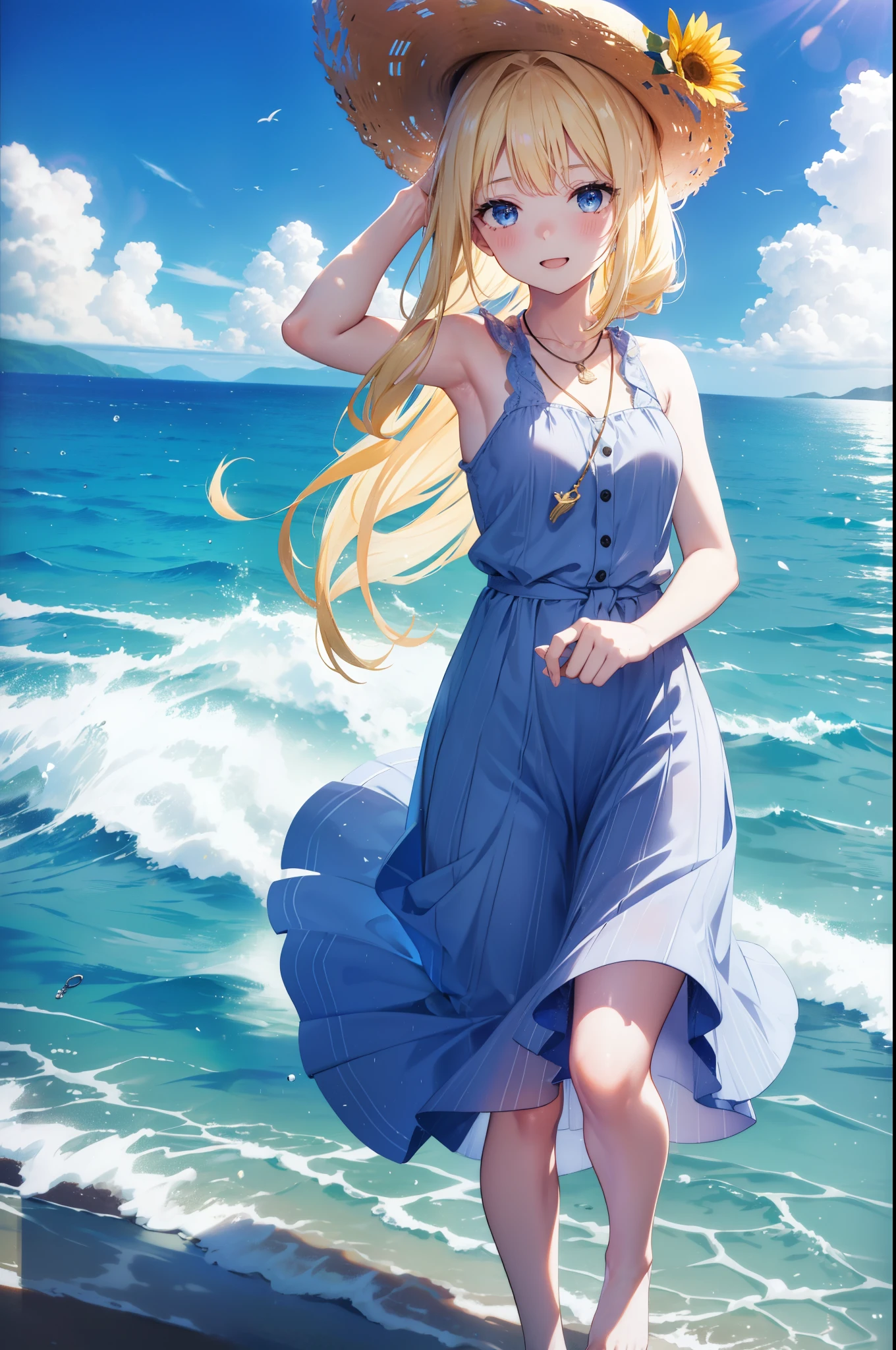 Arisburg, Alice Zuberg, bangs, blue eyes, Blonde, Hair between the eyes, Very long hair, hair band, white hair band,Sleeveless blue dress,Blue long skirt,Bare neck,Locket Necklace,barefoot,Straw hat,happy smile, smile, Open your mouth,Daytime,sunny,True Summer,whole bodyがイラストに入るように,Strolling on the sandy beach,
break outdoors ,Coastal Road,In town,crowd, people々々々,
break looking at viewer,whole body,
break (masterpiece:1.2), highest quality, High resolution, unity 8k wallpaper, (shape:0.8), (Beautiful and detailed:1.6), Highly detailed face, Perfect lighting, Extremely detailed CG, (Perfect hands, Perfect Anatomy),