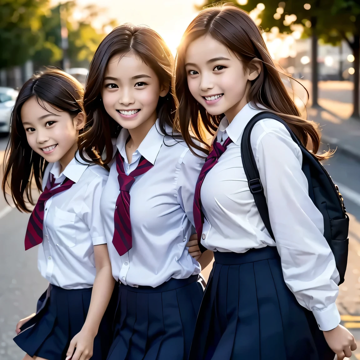 Three girls are leaving school at dusk. Their uniforms are crisp and neat, carrying school bags slung over their shoulders. The sun sets behind them, casting a warm, golden light on their faces. One girl has long, straight black hair, another has wavy chestnut curls, and the third has short bobbed red hair. They walk in sync, chattering animatedly, their laughter filling the air. The details of their features are exquisitely captured, each girl possessing unique and beautiful facial structures. The background is softly blurred, drawing focus to the trio of friends as they make their way home from school. (High resolution, detailed, school-themed, evening scene, girls)