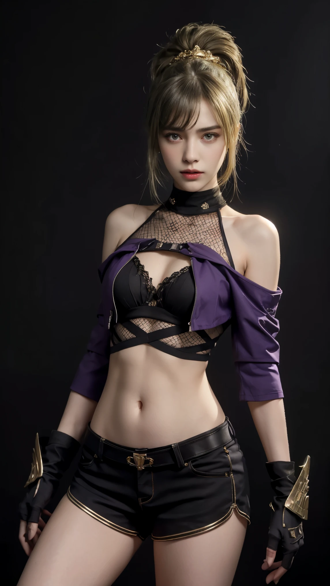 8K, Top Quality, Intricate Details, Ultra Detail, Ultra High Resolution, Masterpiece, close up shot, Slender,, ((Full body )), (Makeup: 0.4), (), , looking at viewer, ((full body)), 1girl, solo, 1 girl, ((armor, bare shoulders, black gloves, cropped jacket, fishnet top, fishnets, gloves, gold trim, hair ornament, jacket, leg armor, midriff, off shoulder, partially fingerless gloves, purple jacket, shirt, short shorts, shorts, shoulder armor, sleeveless, sleeveless shirt, )), , , ((tall)), (((fit body))), (((slim face))), sharp face , smile, (( green hair, bangs, long hair, high ponytail )) , (detailed face), sharp face, small lips, standing, feminine pose, , show belly ,, , ((, )), , ((detail belly )), detail fingers, detail hands, detailed face, detailed breast, huge breast, Narrow Waist, Skinny, 175 cm tall , Muscular, Navel, Exposed Abdomen, , large breast, , , Beautiful girl with accentuated slender abs: 1.4, Six Pack Abs: 1.4, Bust Botox,, Perfect Body, (( dark background)), black background,