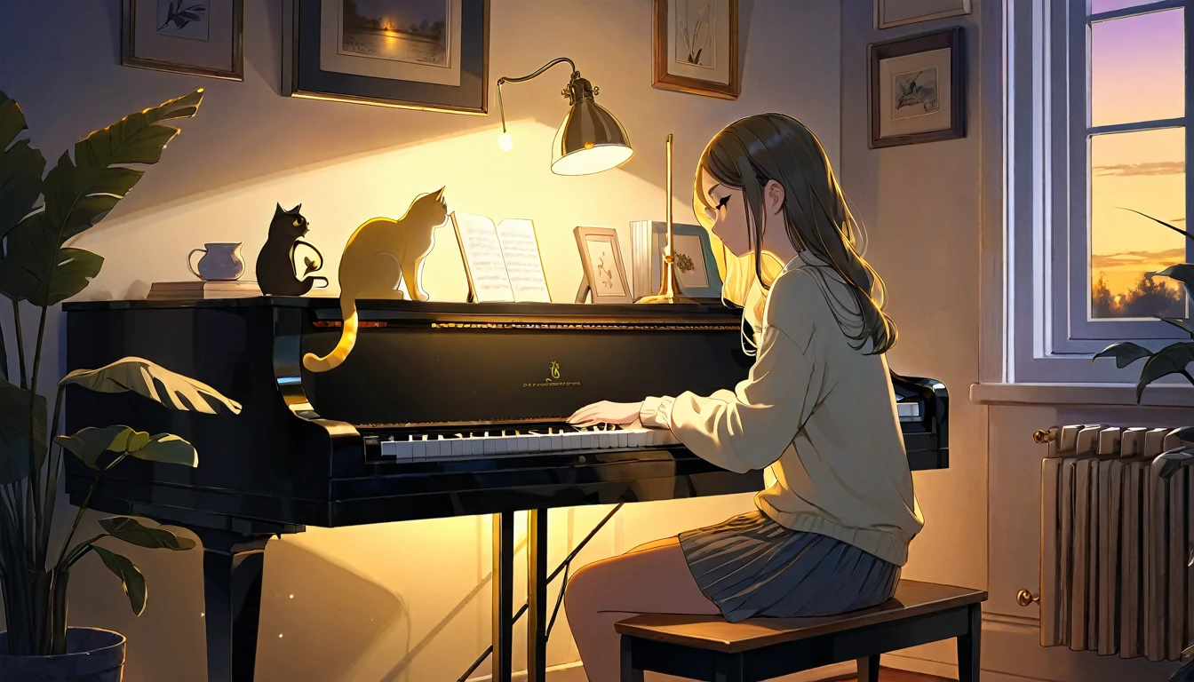 A dusk,
A girl sits in a cozy corner, draw a piano.
The soft yellow light of a desk lamp illuminates her thoughtful expression, revealing deep concentration and a calm posture.
Her gentle gaze is comforting.
It adds to the quiet evening atmosphere, creating a peaceful and tranquil look,with cat.