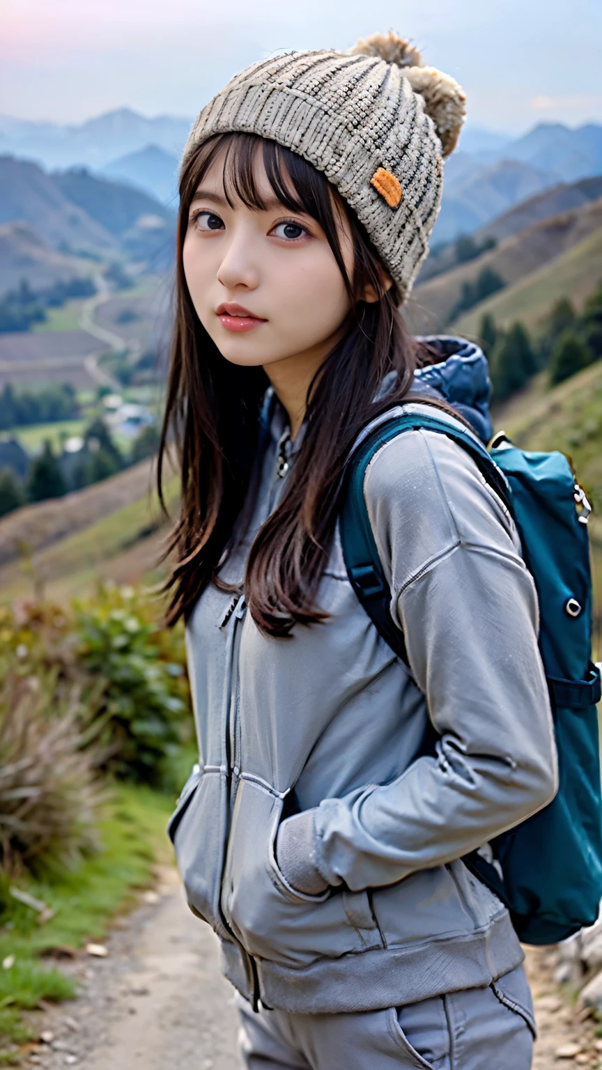 (background, Magnificent Snow Mountain views):1.3, (Snow Mountain:1.37), (8k, RAW Photos, 最high quality, masterpiece:1.2), (Realistic, photo-Realistic:1.37), Very detailed, high quality, Professional Lighting, Physically based rendering of a 14 year old female, (One girl:1.3), (Japanese Girls), (Medium chest:1.25), (Semi-long hair, Dark brown hair), (Skin with attention to detail:1.2), (Very delicate face, Super beautiful poop, Very delicate eyes, Very detailed鼻, Very sophisticated mouth), (Mountain jacket(The North Face), Trekking pants, Knitted hat), (Carry a backpack), (Walking the mountain path), from the front, whole body