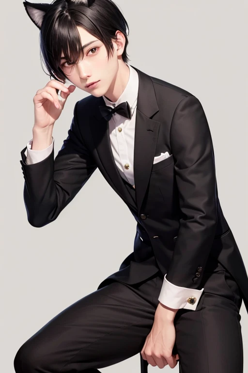 A young man with black hair and black cat ears, Black Suit, Black bow tie, Butler, looking at the camera