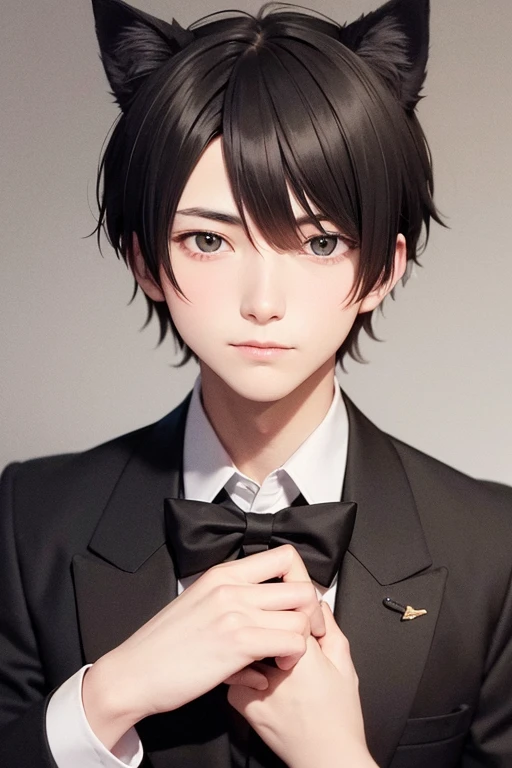 A young man with black hair and black cat ears, Black Suit, Black bow tie, Butler, looking at the camera
