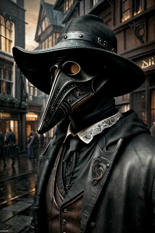 (best quality,4k,highres,masterpiece:1.2),ultra-detailed,(realistic,photorealistic,photo-realistic:1.37),intricate,victorian style,dark ambiance,HDR,plague doctor,old street of London,hyper detailed,better rendering of the plague doctor mask,