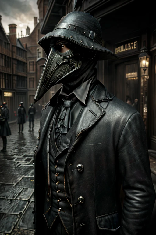 (best quality,4k,highres,masterpiece:1.2),ultra-detailed,(realistic,photorealistic,photo-realistic:1.37),intricate,victorian style,dark ambiance,HDR,plague doctor,old street of London,hyper detailed,better rendering of the plague doctor mask,