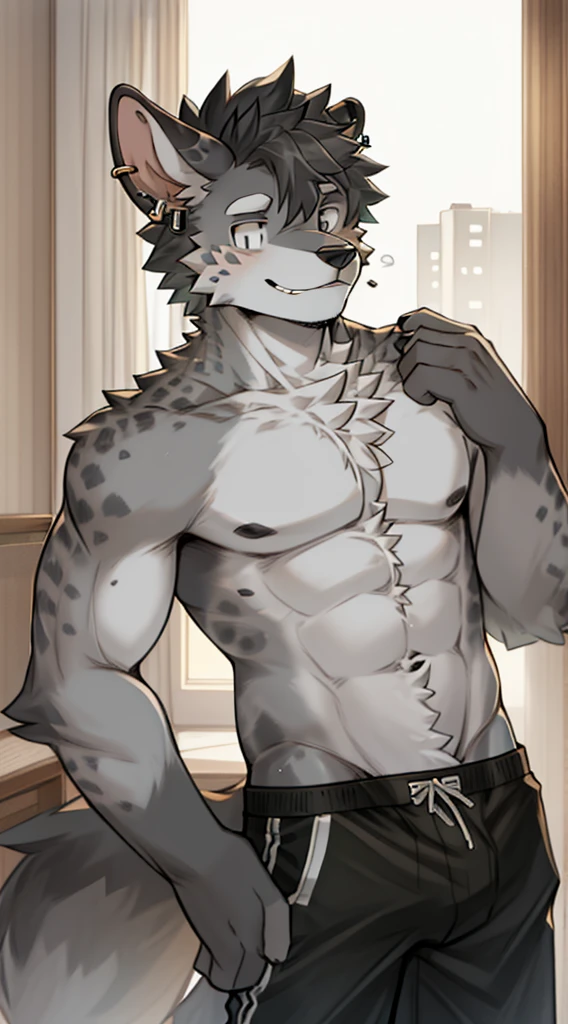Hyena Boy,Gray fur,Topless, mammal, hairy,Gray Eyes,upscale hotel,Black swimming trunks quality,earrings,Middle